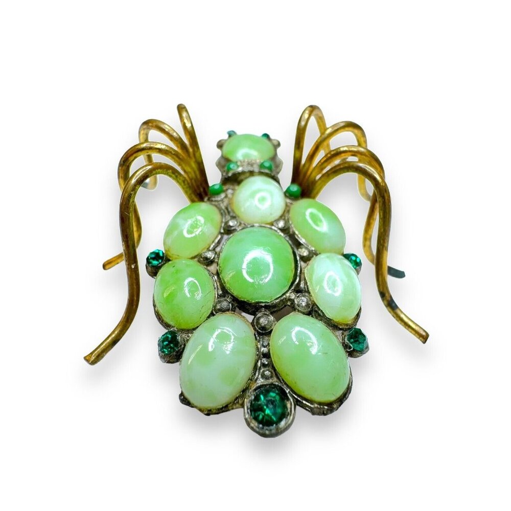 Art Nouveau Jadeite Brass Spider Brooch Green Crystal - Picture 14 of 16